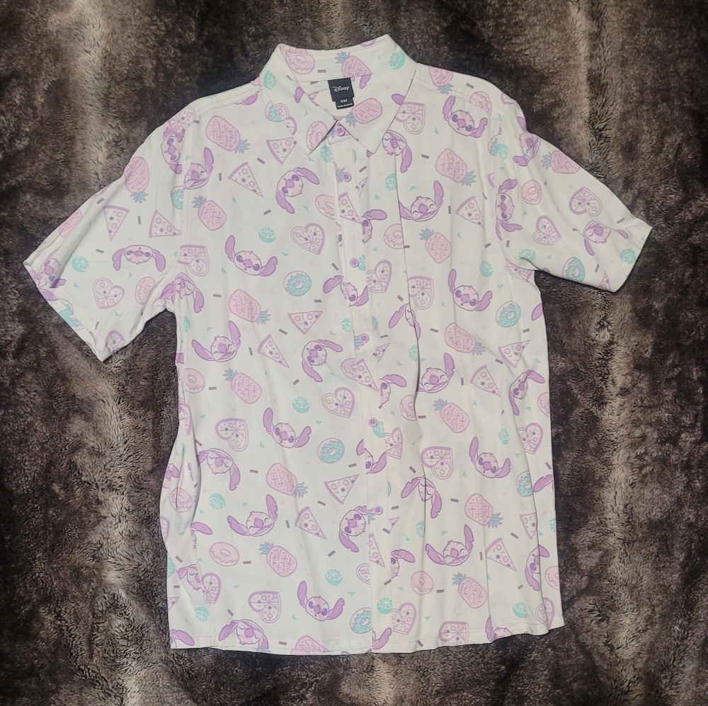 small disney white and pink lilo and stitch button up shirt, size small